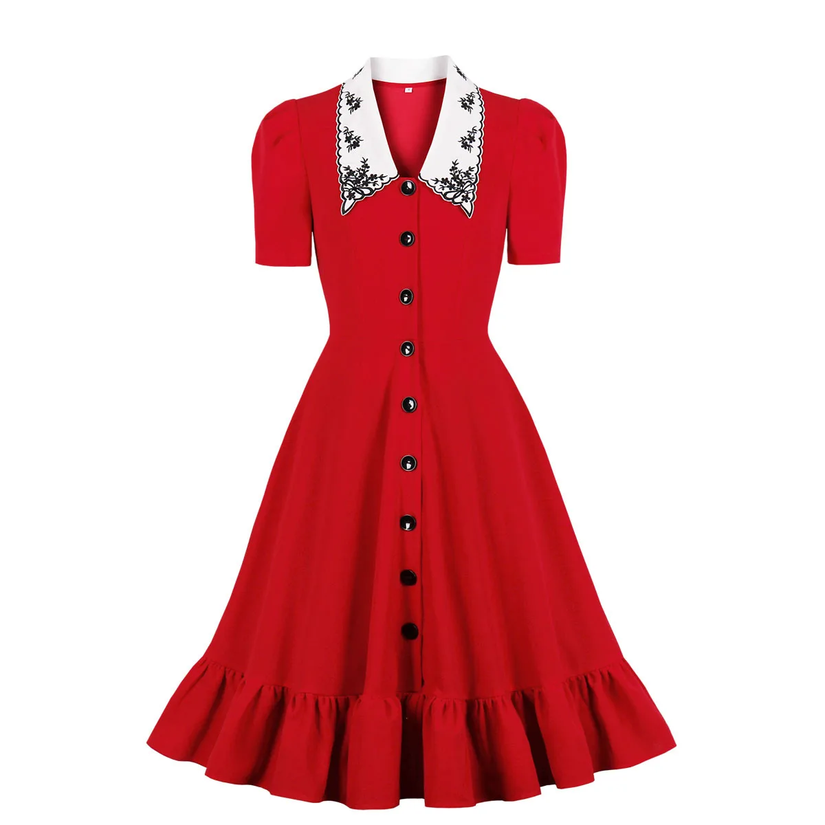 Women Retro Vintage Midi Tunic Slim Shirt Dresses Turn-Down Collar Button Short Sundress Red Vestidos