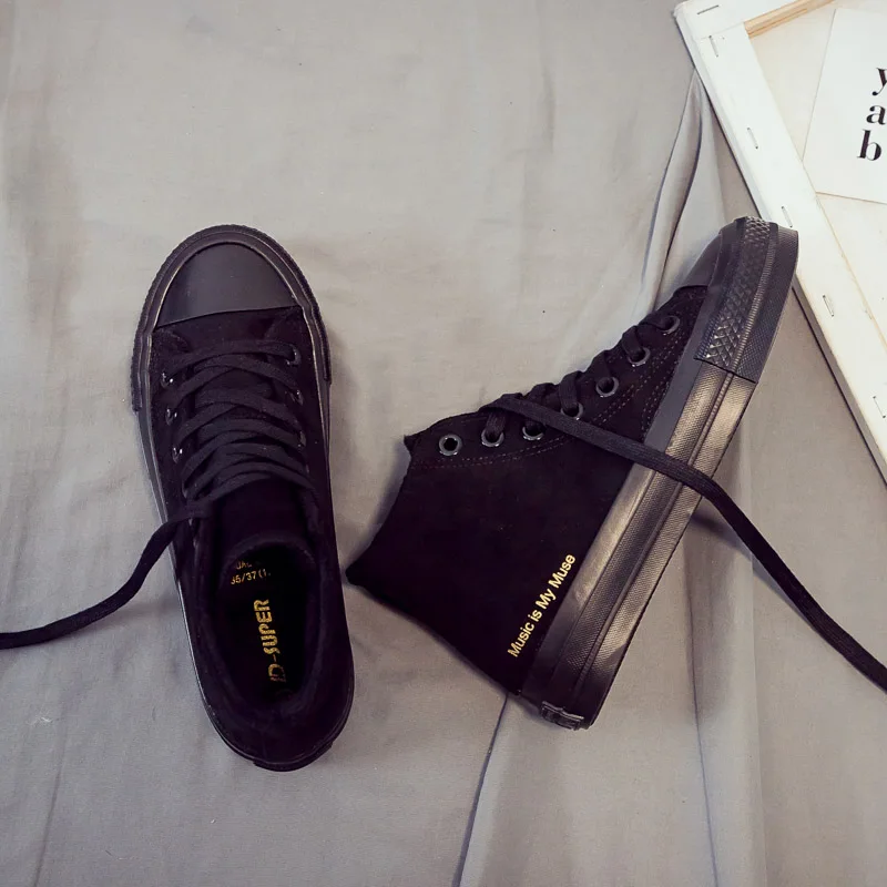 High-top Shoes Women Winter New Non-slip Solid Color Letter Flock Shoes Comfortable Flat Casual Women's Vulcanize Shoes