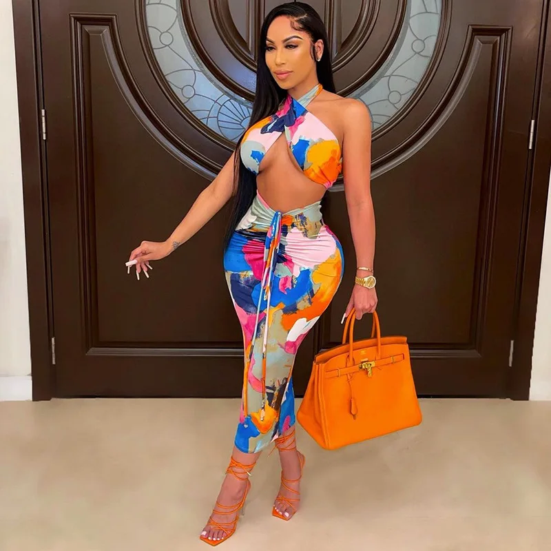 

Camouflage Printed Cross Halter Top And Pleated Hip Skirt Sets Sexy Midnight Club Two Piece Women Tie Party Outfit Matching Set