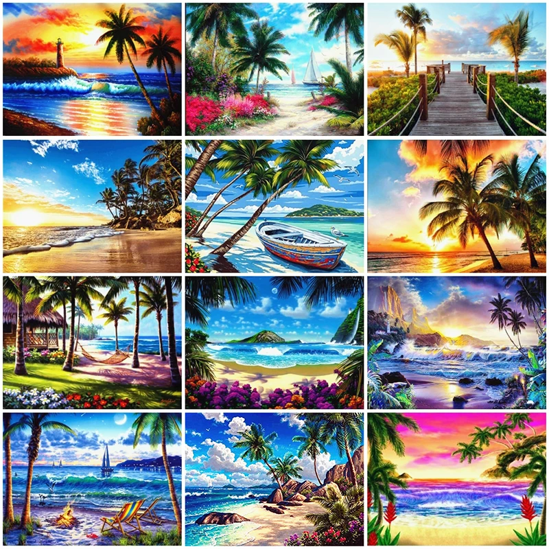 

Diy 5d Full Diamond Embroidery Scenery Mosaic Diamond Painting Seaside Coconut Tree Handmade Furniture Decoration Hobby Gift
