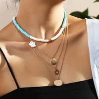 bohemian multi layer pendant polymer clay necklaces for women fashion golden geometric charm chains necklace jewelry wholesale