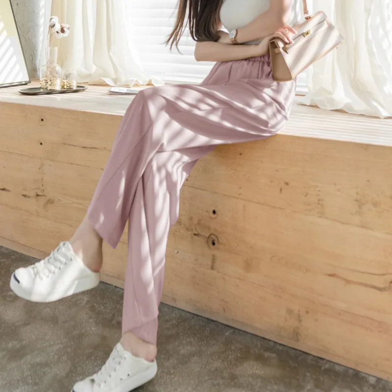 

#2138 Summer Wide Leg Chiffon Pants Women Loose Split Casual High Waisted Pants Ladies Thin Straight Trousers Korean Style
