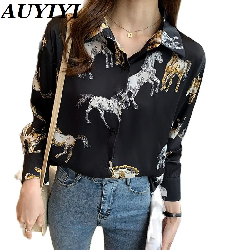 

AUYIYI Comfortable Shirt Women Long-Sleeved 2021 Autumn New Fashion Temperament Animal Figure Floral Print Silk Blouse