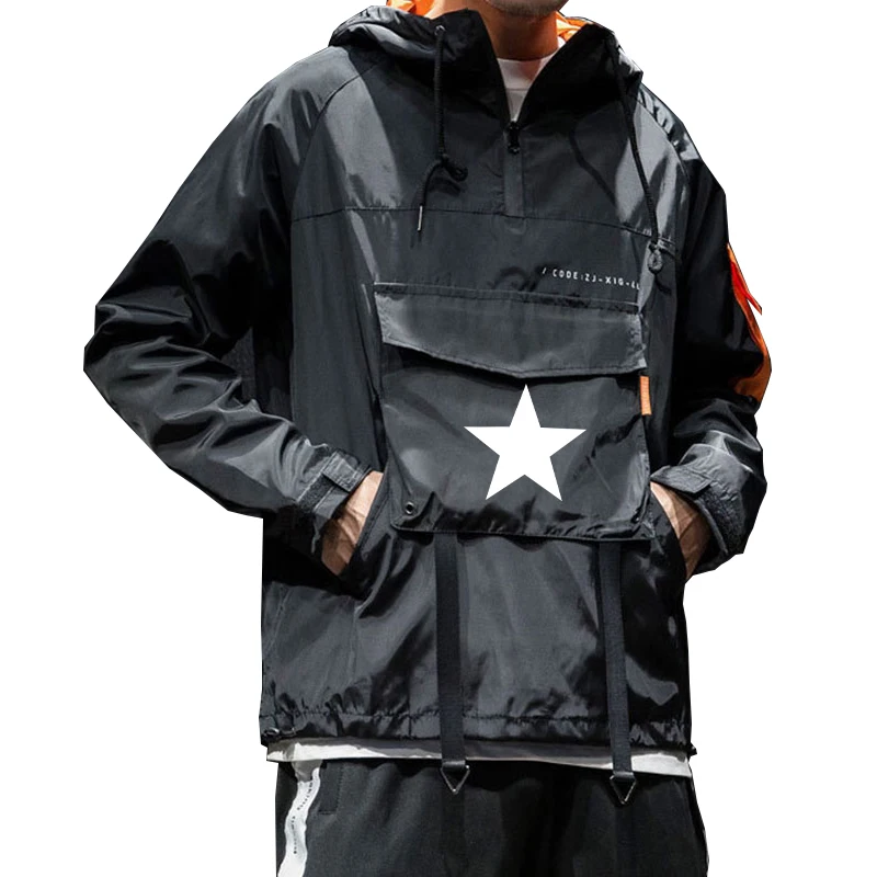

Mens Hoodie Pullover Wind-proof Hoodies Pockets Harajuku style Printed Sweatshirts Casual Hip Hop Loose Riobbon Jacket