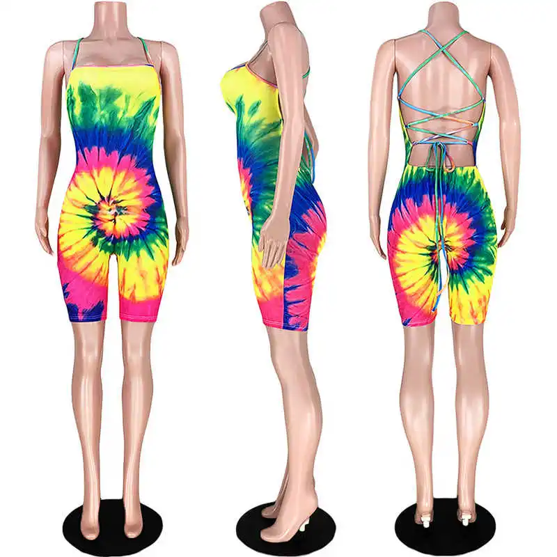 

Rainbow Tie Dye Print Bodycon Rompers Womens Jumpsuit Shorts Sexy Strapless Backless Bandage Playsuit Summer Beach Body Bodysuit