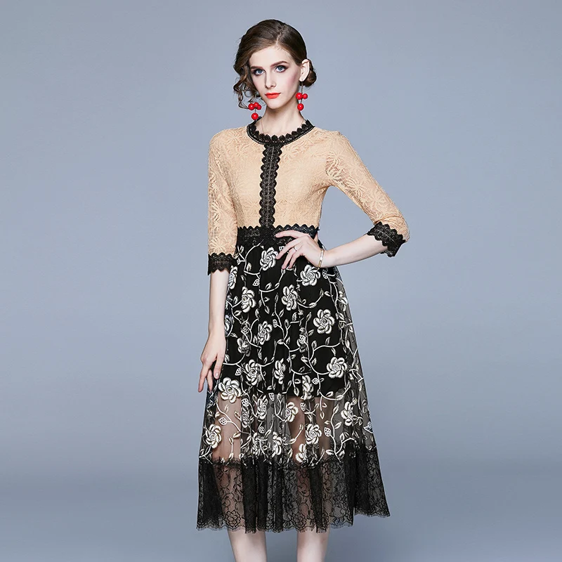 

DROWYD Fashion Floral Lace Boho Party Midi Dress Women's 2019 Winter Vintage O-neck Dress Casual Elegant Club Dresses Vestidos