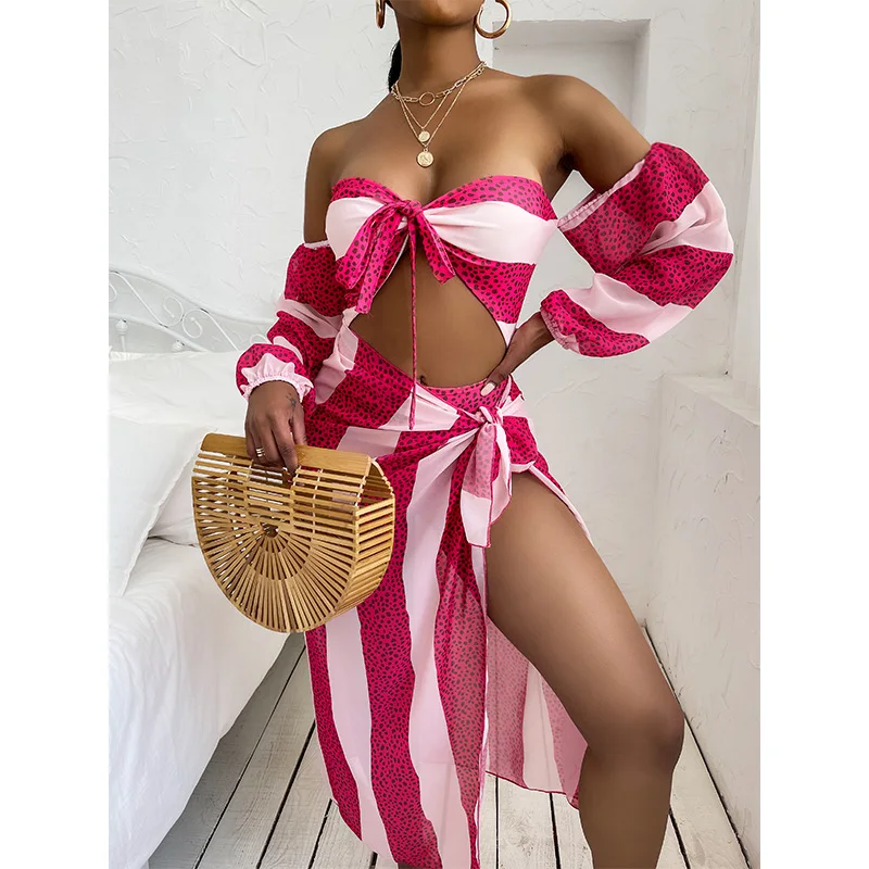 Women Sexy Tie-dye Beach Bikinis Set Summer Female Long Sleeve Dot Striped Print Onesuit and Skirt 2 Piece Sets Swimming Suit