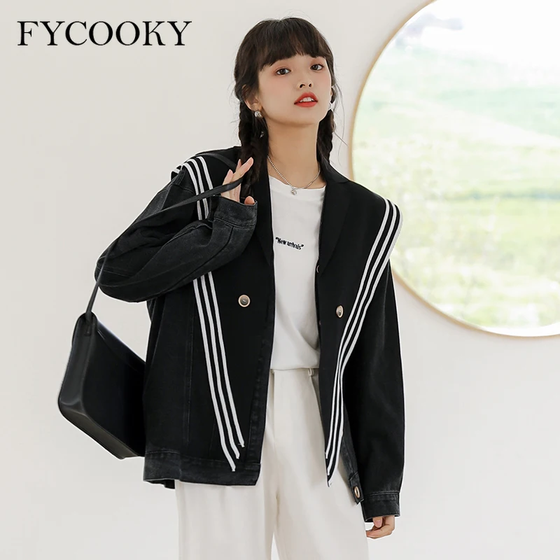

New Harajuku Black Jean Jacket Women Retro Knitted Navy Collar Jacket Female Korean Loose Fashion Denim Coats Autumn 2021