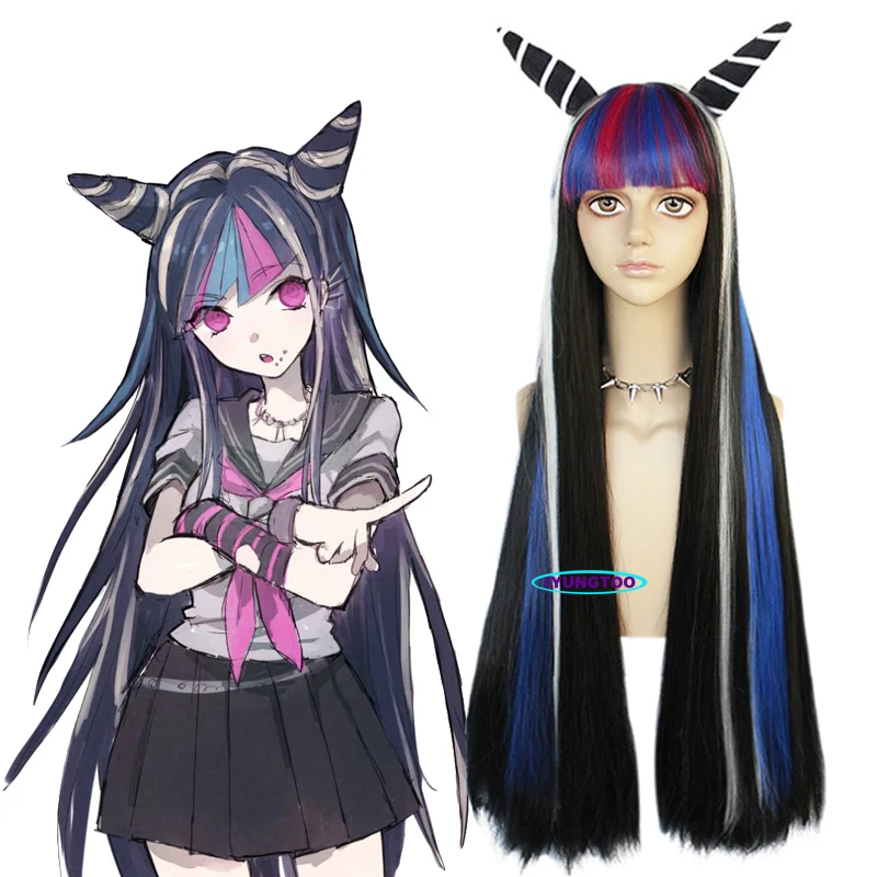 

Danganronpa Mioda Ибуки Косплэй парики с челкой термостойкие волокна Красочные 100 см длинные прямые волосы Для женщин Карнавал вечерние парики