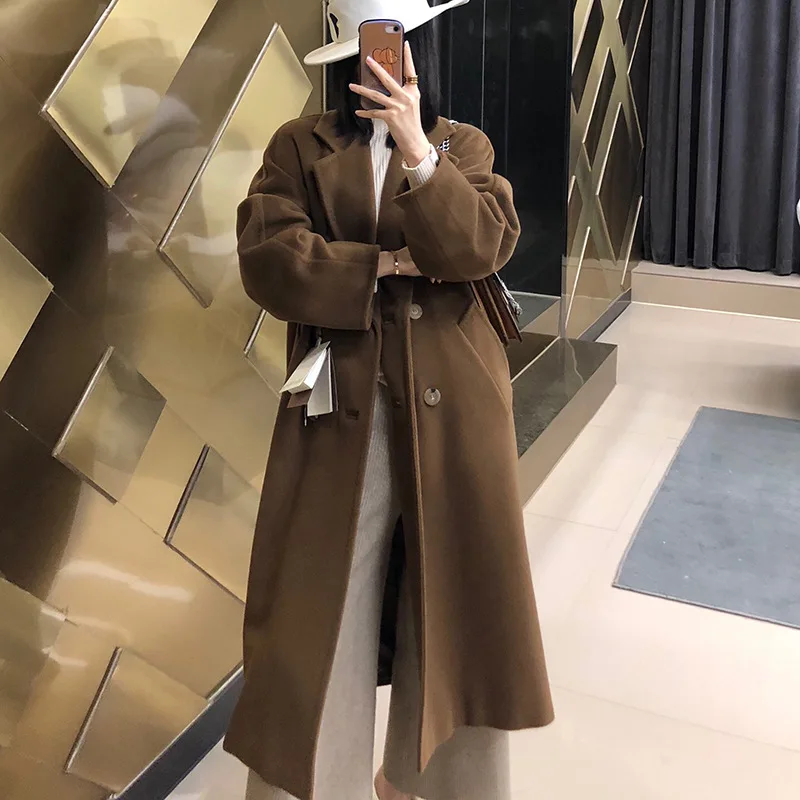 Winter Korean Popular High-end Water Corrugated Woolen Overcoat 2021 Fashion Long Bathrobe Style 100% Wool Jacket Coat Women