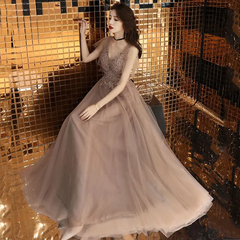 

Prom Long Elegant Dresses Floor-length Appliques A-line Tulle Prom Dresses Vestidos De Fiesta Sexy Prom Women Evening Dress