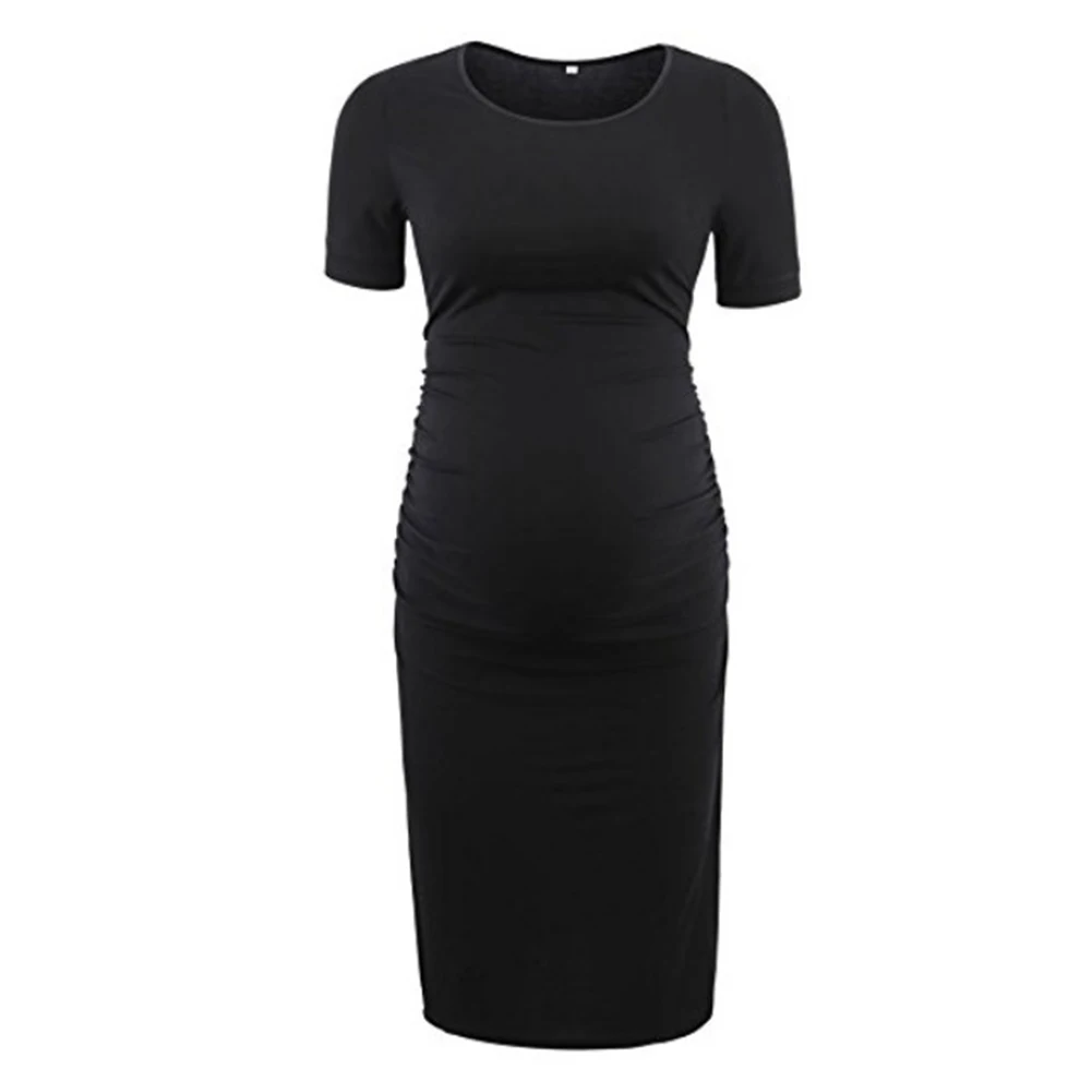 Для женщин однотонные до колена облегающий короткий рукав гофрированная летние