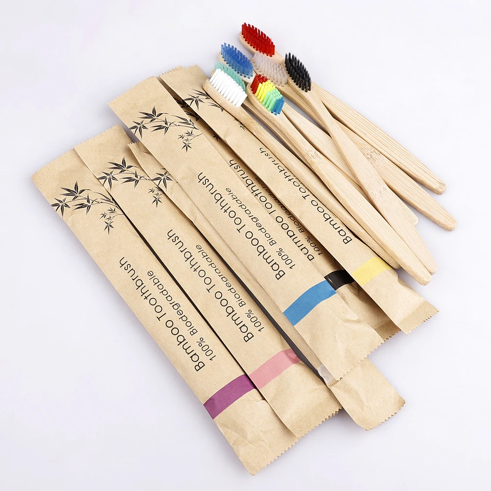 Бамбуковая зубная щетка радужная цветная твердая щетина биоразлагаемая