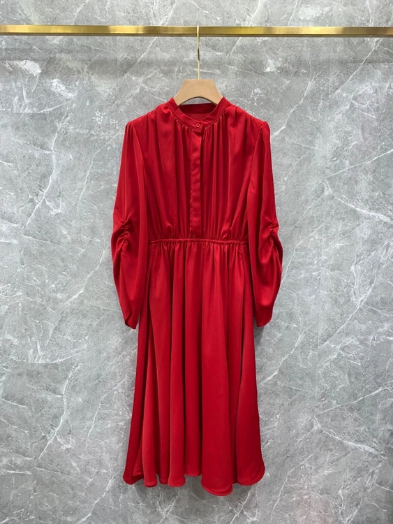 

2021 new women fashion round neck button decoration solid color ruffled drawstring long sleeve skirt dress 1020