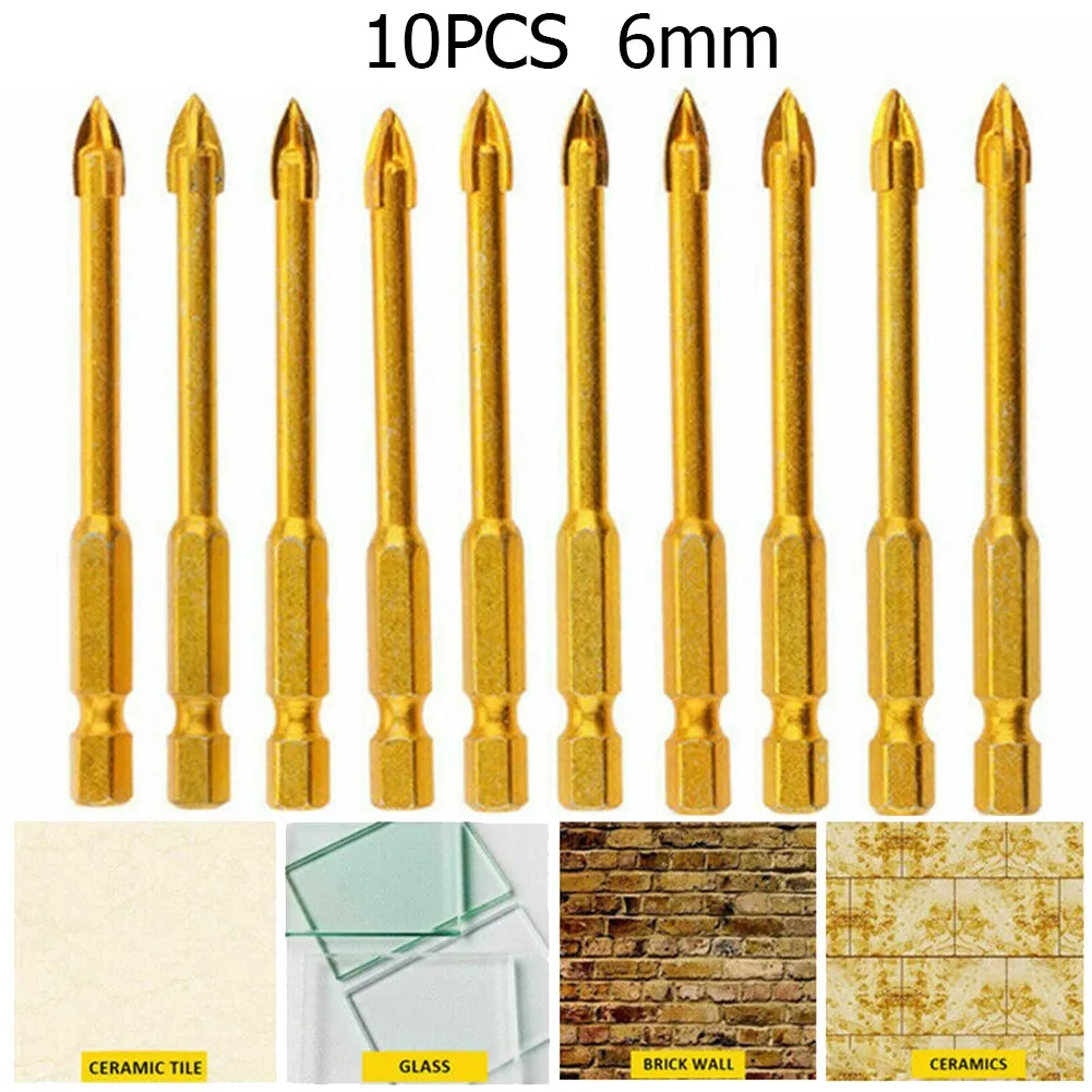 10pcs Cross Glass Marble Drill Bits Ceramic Tile Drill Bit TIN Coated Hole Opener Drill Tools Accessories 6mm