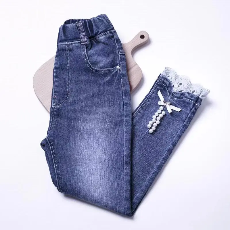Демисезонные джинсы с Жемчужной Лентой повседневные брюки одежда для девочек