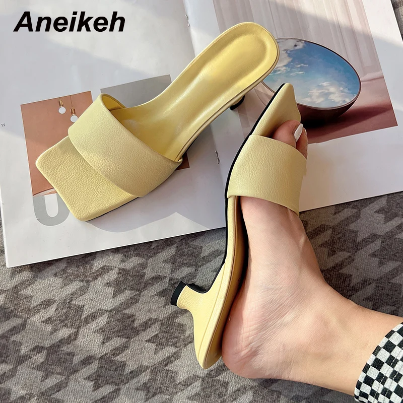 

Aneikeh Summer Women Shoes Fashion Square Toe Concise Shallow Casual Beach Mules NEW Slippers PU Thin Heels Party Solid Outside