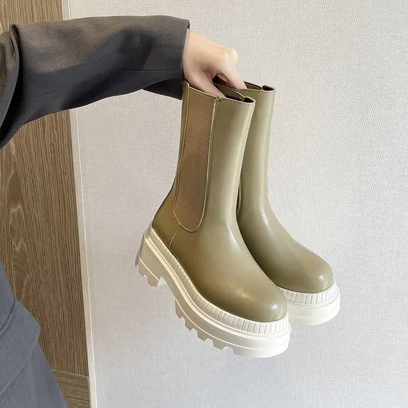 New Winter Slope Heel Women's Boots Comfortable Ankle Boots Shoes Round Toe Heel Thick Leather Botas De Mujer