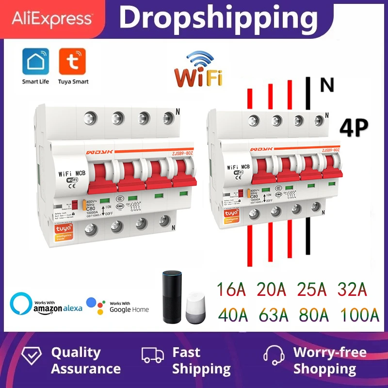 

4P WiFi Circuit Breaker Smart Timer Air Switch Relay Remote Control By Tuya Smart APP With Smart Home Alexa Google Home