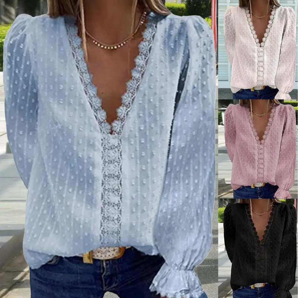 

Elegant Blouses Office Lady Shirt Lace Patchwork V Neck Women Solid Color Long Sleeve Chiffon Blouse Streetwear Top Chic Fashion