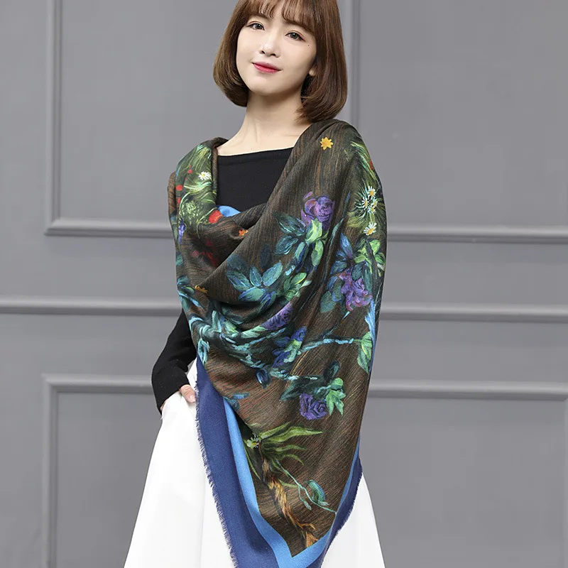 Цветочный принт шерстяной шарф для женщин зимнее одеяло шарфы палантины шаль