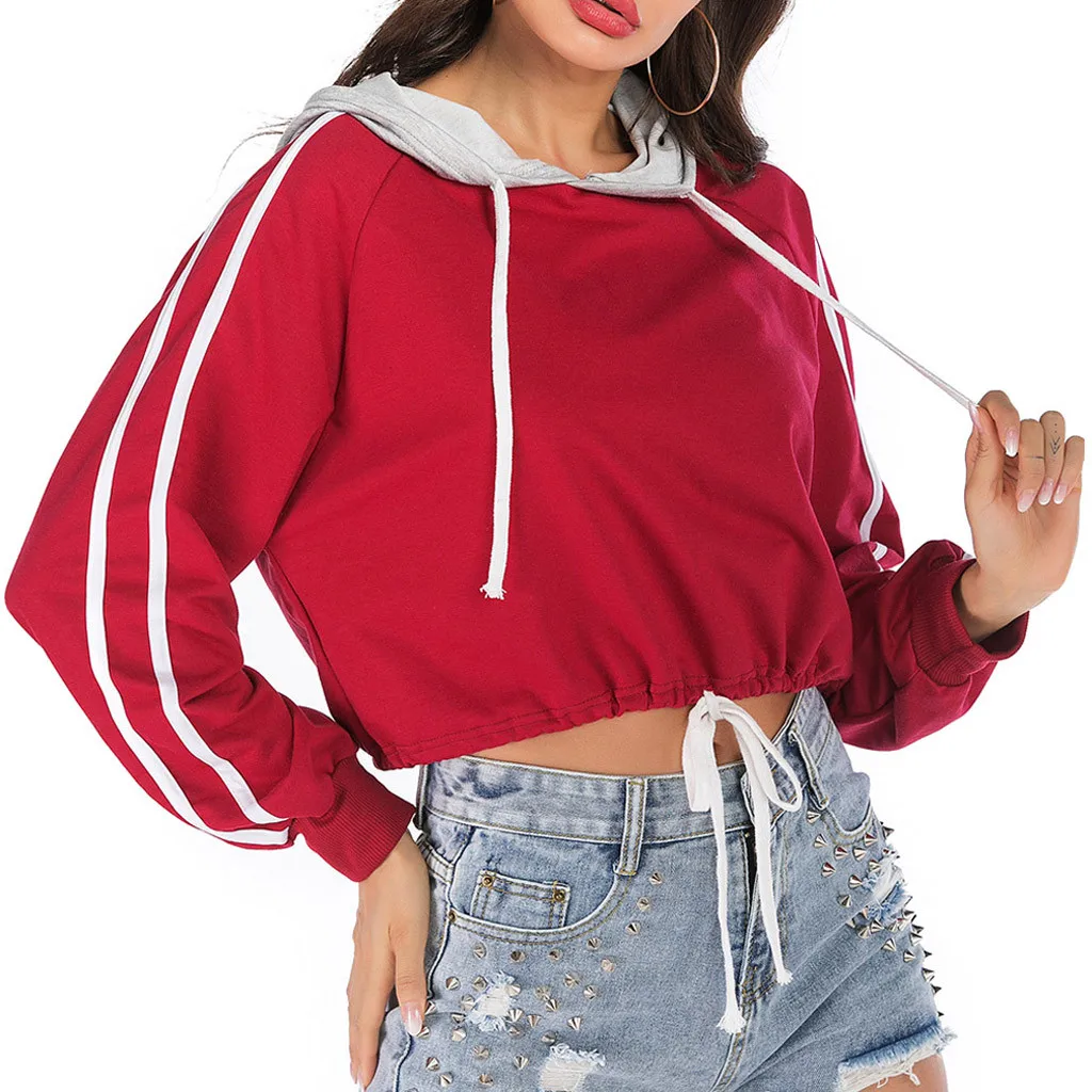 Модная женская Повседневная толстовка на шнуровке с длинным рукавом капюшоном