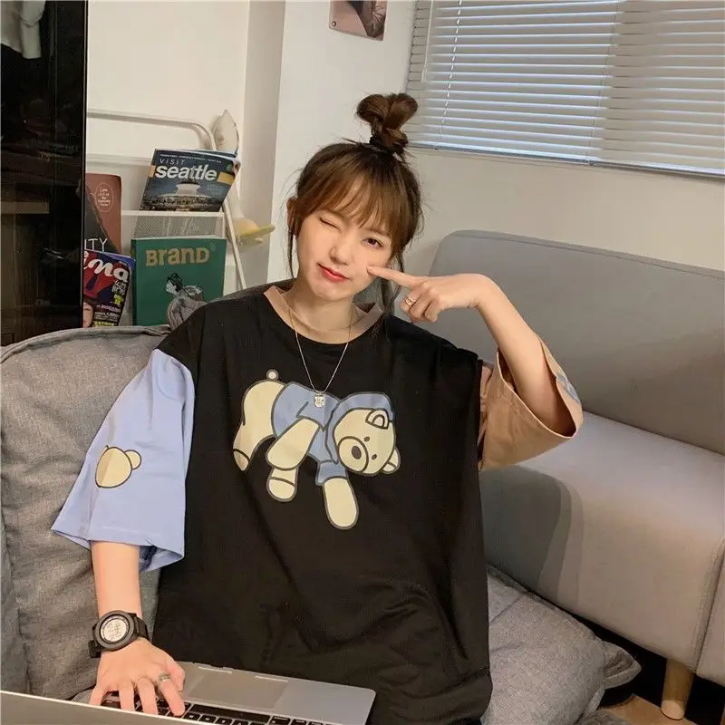 

summer new t-shirts Women Korean bear printed short sleeve t-shirt cute lose all-match Casual Oversized Tops female clothing