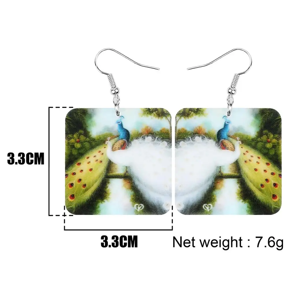 WEVENI Acrylic Square Peacock Peafowl Earrings Printing Big Wild Bird Animal Dangle Drop Jewelry For Women Girls Kid Trendy Gift | Украшения