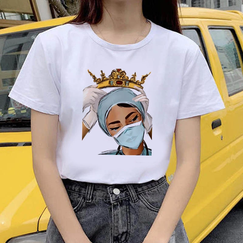

Nurse queen group Print T shirt Women Fashion Tshirt O neck Short Sleeve Harajuku T shirt White Tops Female Tops
