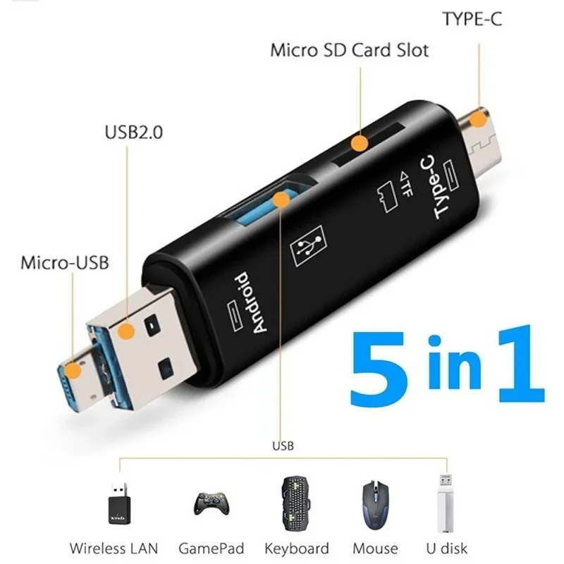 

5 in 1 Multifunction Usb 2.0 Type-C/USB /Micro USB/Tf Memory Card Reader OTG Card Reader Adapter Mobile Phone Accessories