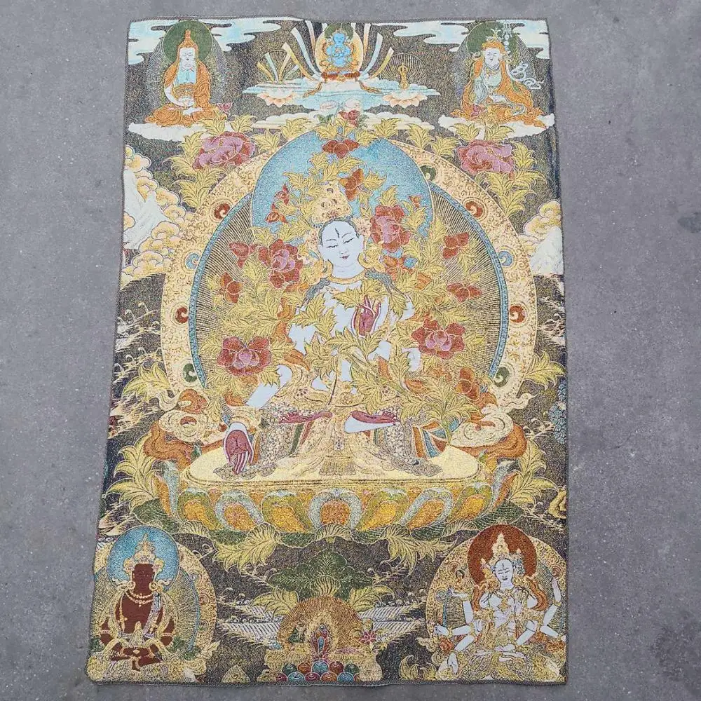 

35" Thangka embroidery Tibetan Buddhism silk embroidery brocade Nepal Three-eyed White Tara Bodhisattva Thangkas