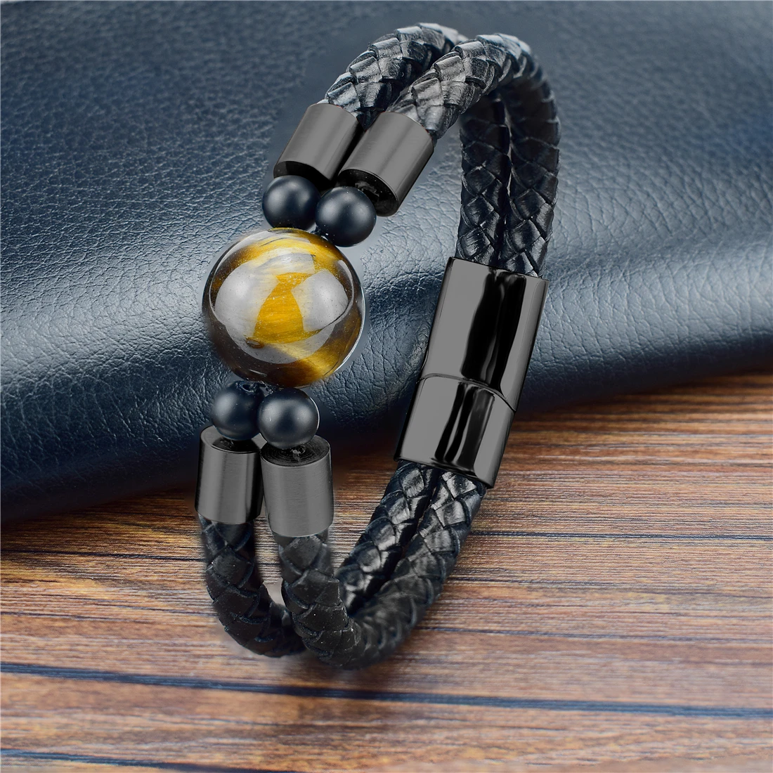 

Classic Style Men Leather Bracelet 9 Types Natural Stone Bead Stainless Steel Magnet Clasp Mens Jewelry 2020 Christmas Gift