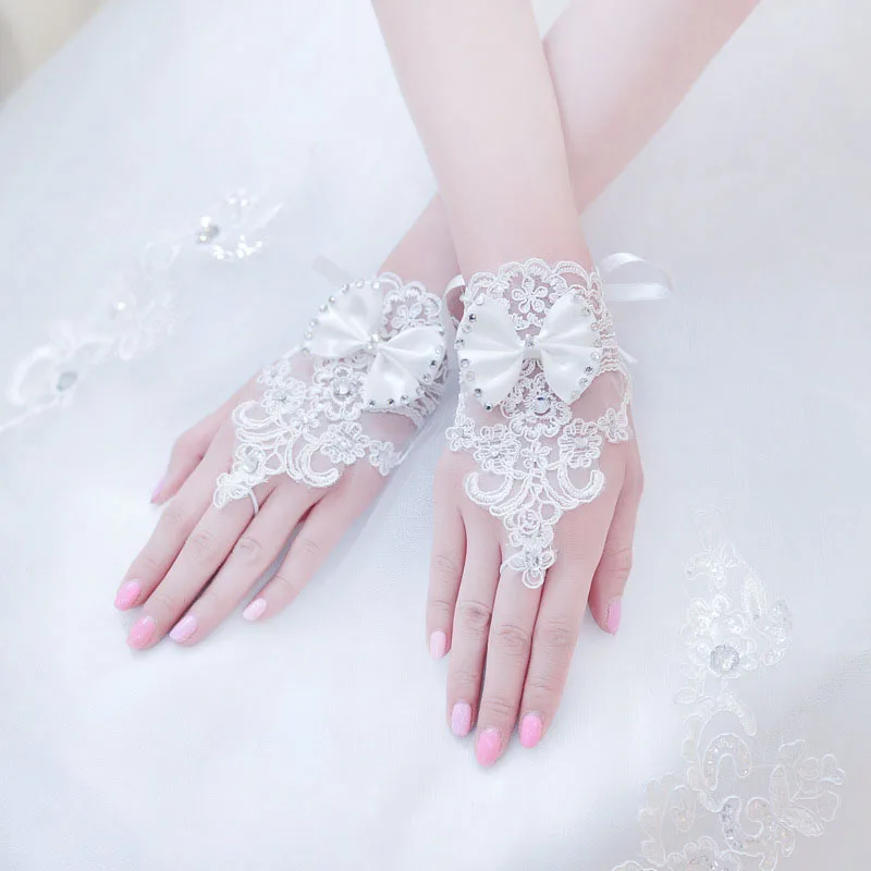 

Bride Wedding Photo Studio Wedding Photography Lace Short Elegant Point Diamond Lace Bow White Gloves Performance Accessories