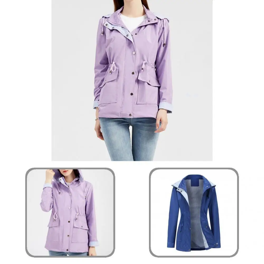 

Slightly Waterproof Lightweight Striped Lining Pockets Women Windbreaker Coat for Date