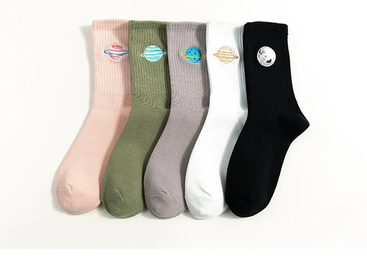 

Embroider Women Socks Cotton with Cartoon Planet Japanese Style Funny Socks Autumn Winter for Ladies