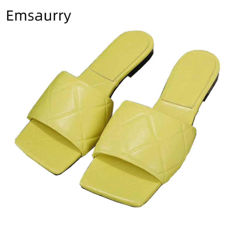 

Embossing Genuine Leather Runway Mules For Girls Lady Flat Heel Square Open Toe Candy Color Summer Slippers Women