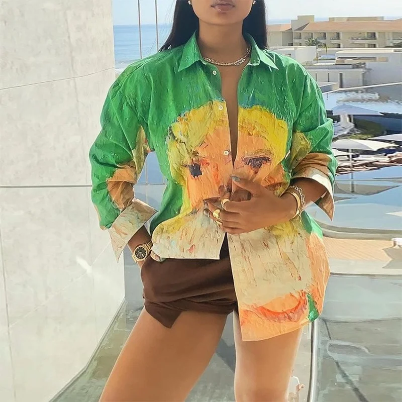 

Женская рубашка Donsignet, весна-осень 2021, женская рубашка с принтом и краской, модная длинная свободная рубашка, повседневные женские рубашки