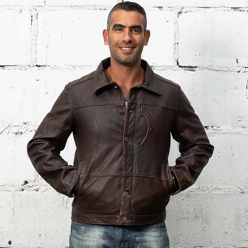 

Cowhide Men's Vintage Jacket Motorcycle Genuine Leather Single Breasted Brown Jackets Casual Male Fast Ship Free