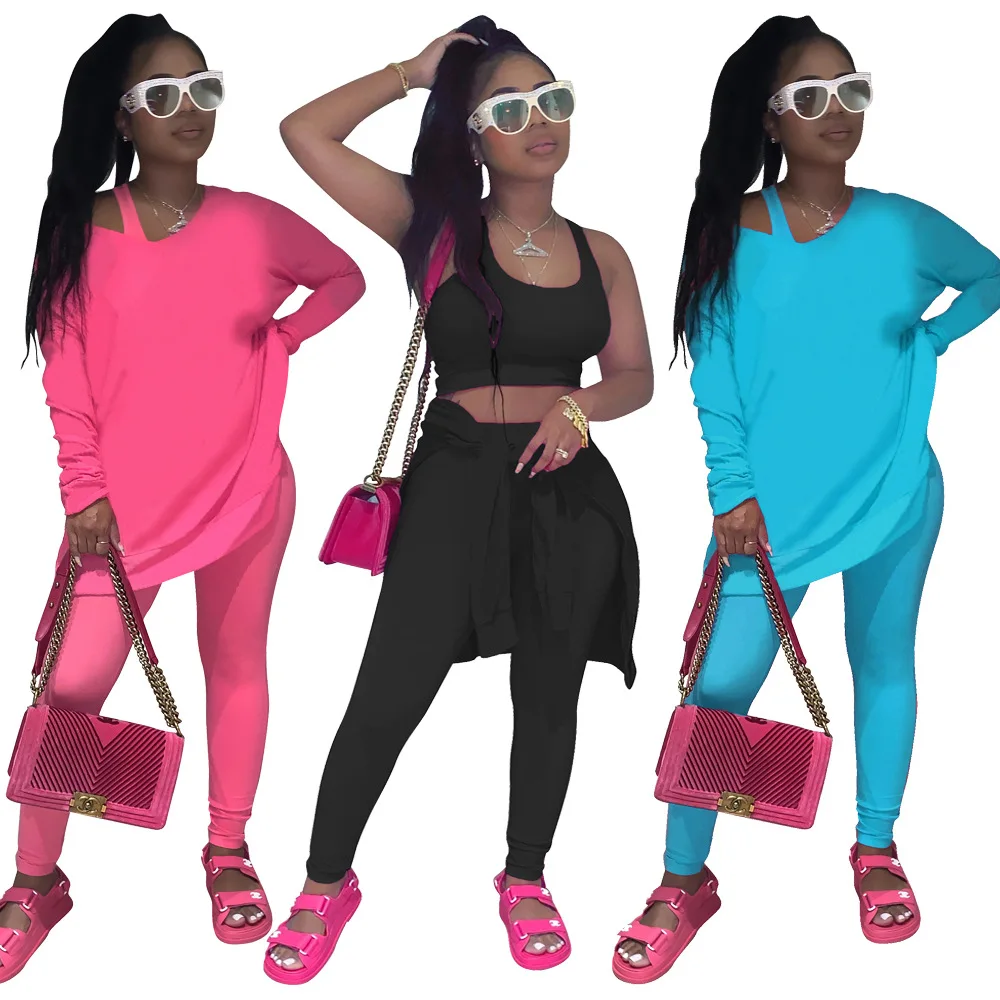 

2021 Autumn New Women's Sexy Solid Color Sports Tracksuit Three Piece Set Crop Top And Top And Pants Outfits