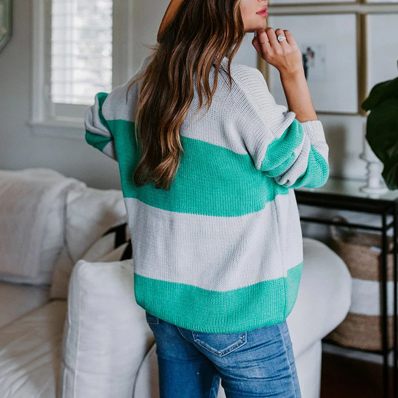 

Mandylandy Autumn Winter Fashion Striped Knitted Sweater Women's Casual Long Sleeve Loose O-Neck Pullover Sweater