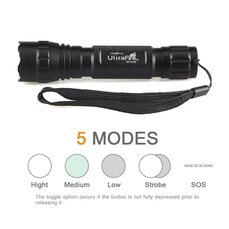 Светодиодный фонарик UltraFire WF-501B XML-T6 5 режимов фонарь для охоты тактический с