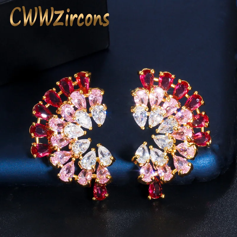 

CWWZircons Cute Fancy Peacock Gradient Color Rose Red Pink Cubic Zircon Yellow Gold Color Big Stud Earrings for Women CZ704