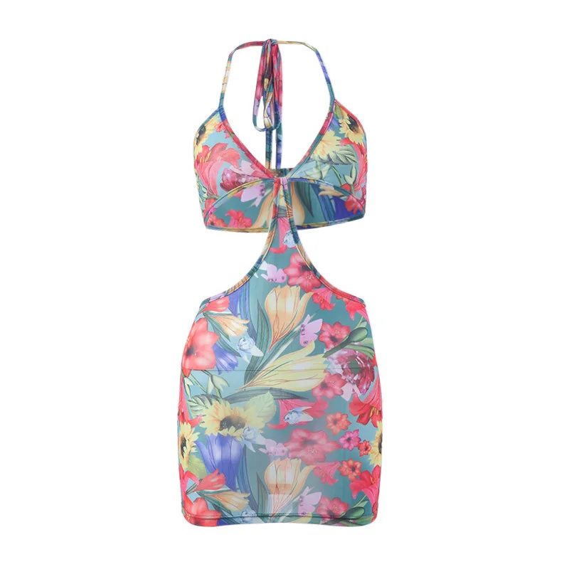 

Spaghetti Strap Dress Skinny Halter Mini Women Print Hollow Out Sexy Shirring Summer Bodycon Dresses Backless Outifit Clubwear