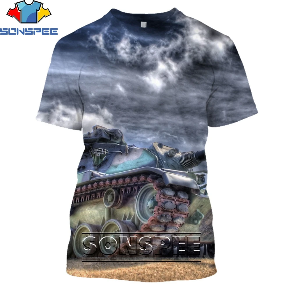 

SONSPEE Tank Military Weapon Cool 3D T Shirt Men's Fun Fashion Casual T-shirts Summer Harajuku Oversized O-neck Youth Short Top
