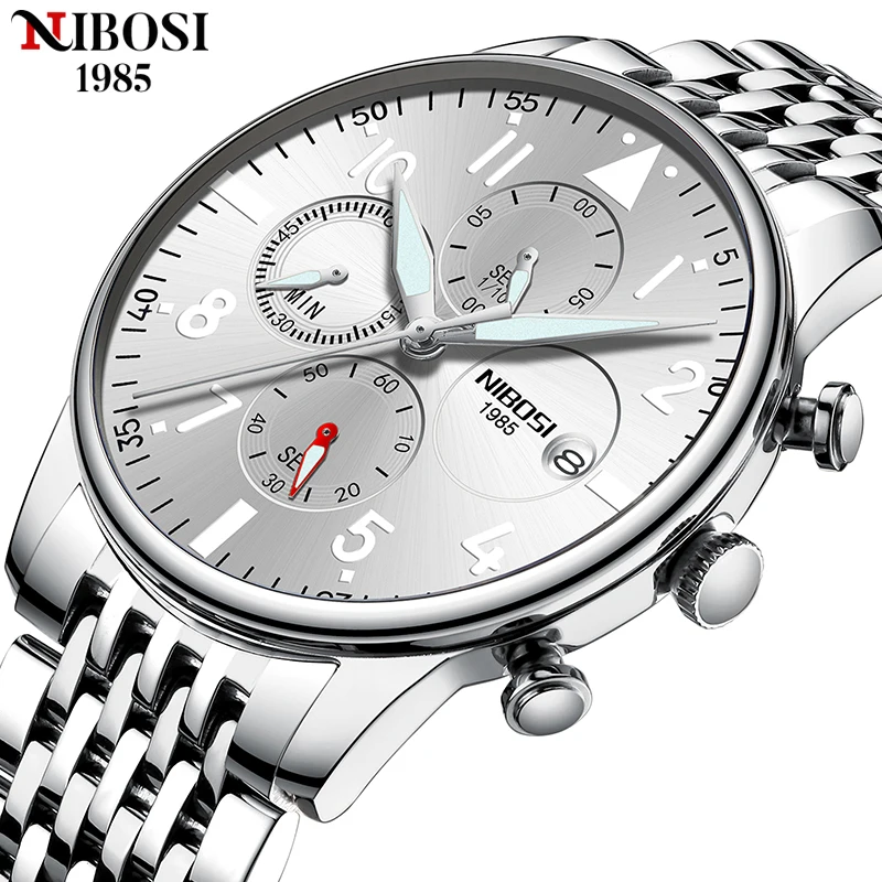 NIBOSI Fashion Mens Watches with Stainless Steel Silver Top Brand Luxury Sports Chronograph Quartz Watch Men Relogio Masculino