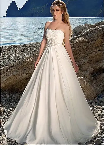 Charming Chiffon Strapless Bridal Dresses A-line Floor Length Ruched Bodice Wedding Dresses with Beadings Beach Wedding Gown