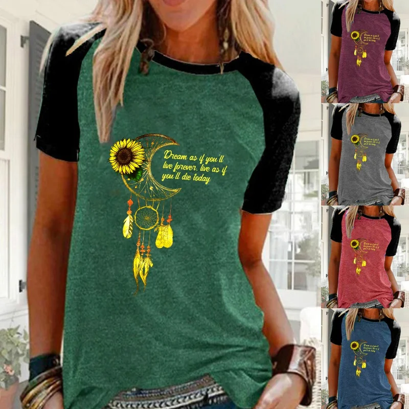 

Women Summer Round Neck Short Sleeve T-shirt New Fashion Raglan Shirt Casual Loose Daisy Printed Blouse Tops Plus Size