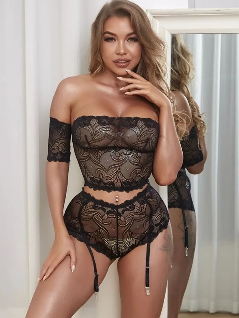 

Сексуальный комплект нижнего белья с коротким рукавом с открытыми плечами кружевной кроп-топ и трусики с подвязками эротические костюмы од...