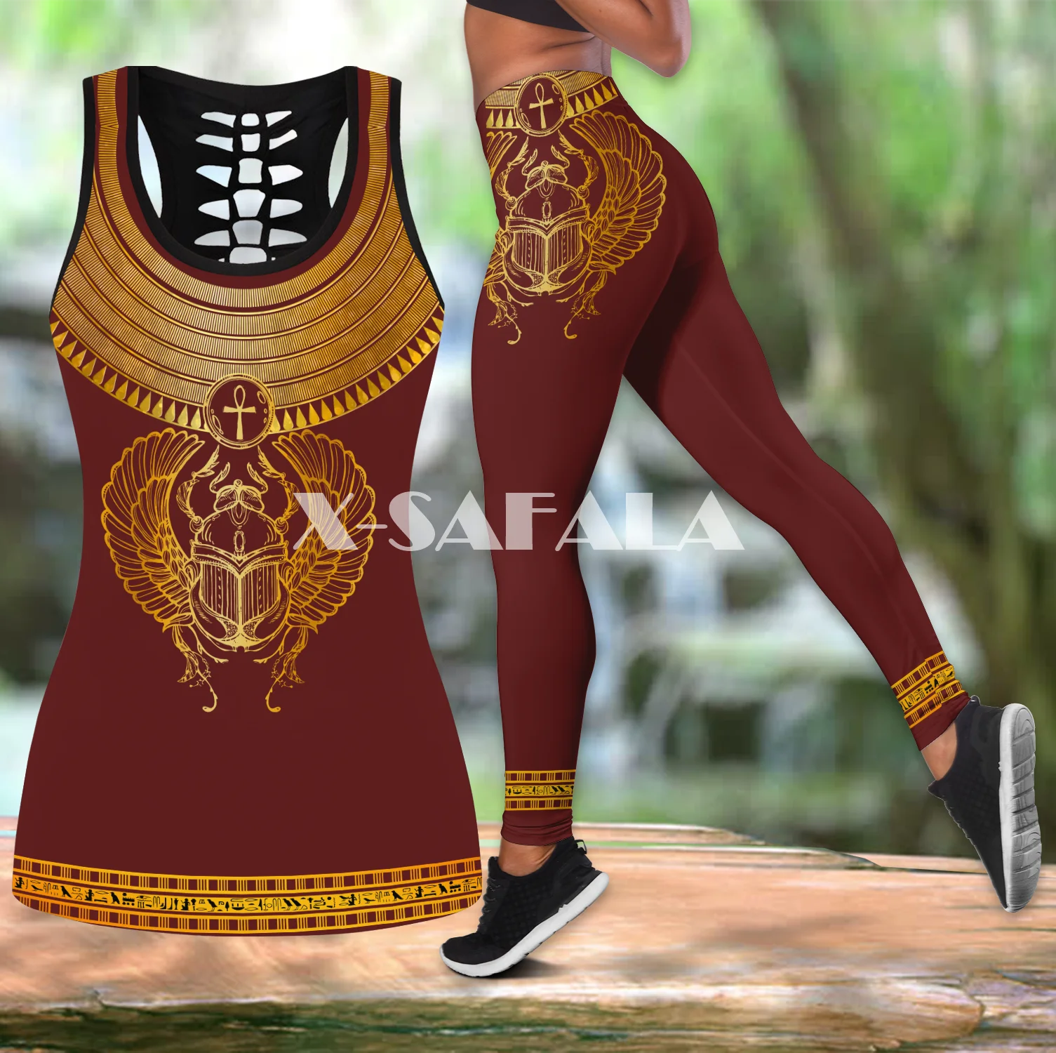 

Khepri Rising Ancient EgyptianTwo Piece Yoga Set Women 3D Print Vest Hollow Out Tank Top High Waist Legging Summer Casual Sport
