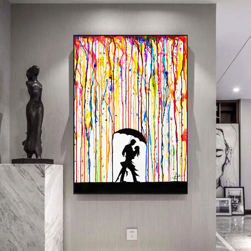 

Banksy Abstract Oil Painting Rainbow Lovers In The Rain Prints And Posters Nordic Canvas Wall Art Pictures For Living Room Decor